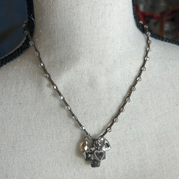 Brighton Karma Crystal Cross Necklace Silver Plated Braided Brown Beaded 17" - Picture 2 of 11